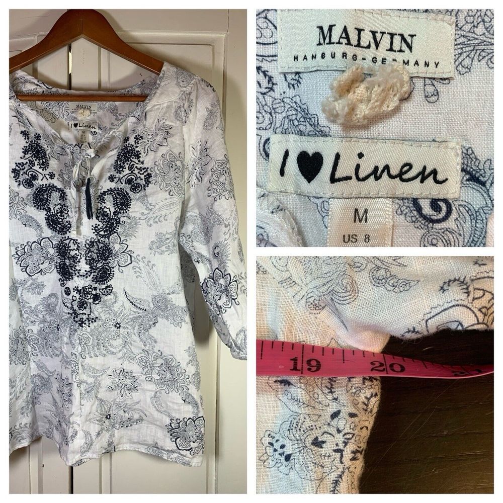 Malvin I Love Linen Top Womens Medium Blue Paisley Floral Embroidered Boho